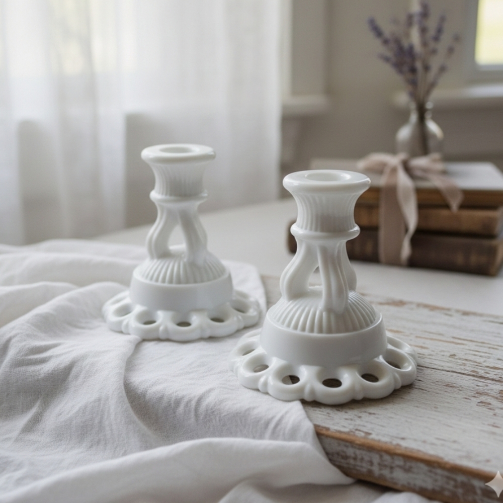 Westmoreland Doric Lace Vintage White Milk Glass Candlestick Holders Fluted Pair
